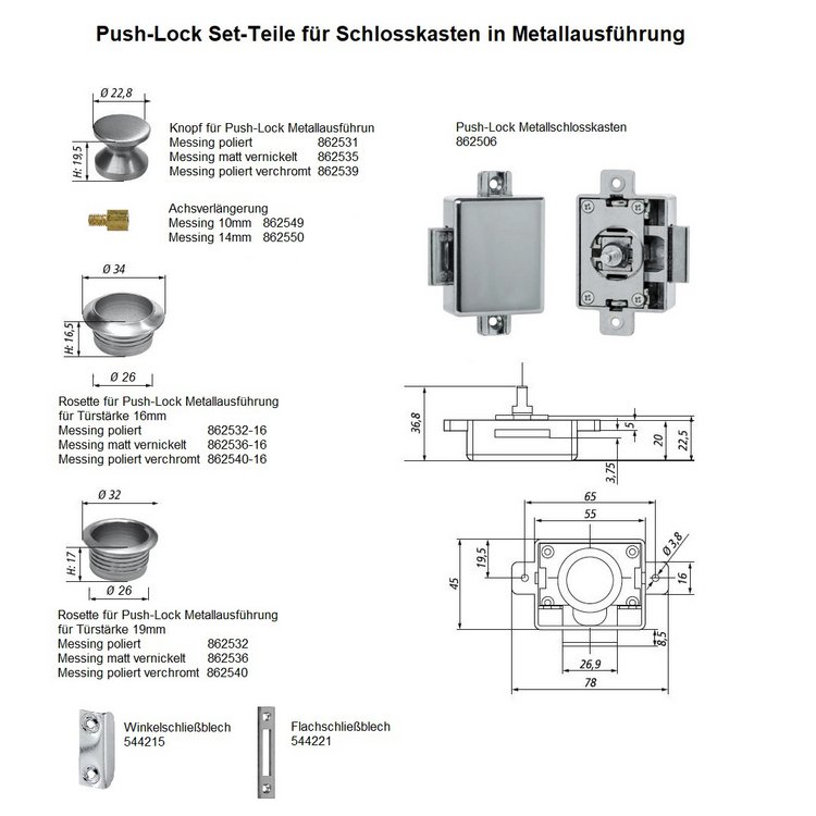 Push Lock Rosette 16mm, Messing poliert